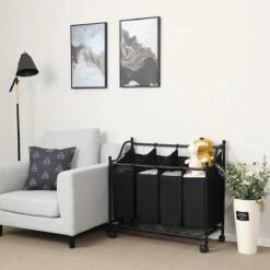 Songmics ZAZA Home Wassorteerder Op Wieltjes / Verrijdbare Wasmand / Met 4 Uitneembare Vakken - Zwart -Leifheit Store 1200x1200 538