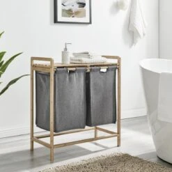 ACAZA Wasmand - Wassorteerder Met 2 Uitschuifbare Waszakken - Stof / Bamboe - Grijs -Leifheit Store 1200x1200 551