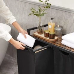 HelloHomy® Wasmand Met Uittrekbare Waszakken - Klittenbandsluiting - 2 Vakken -Leifheit Store 1200x1200 606