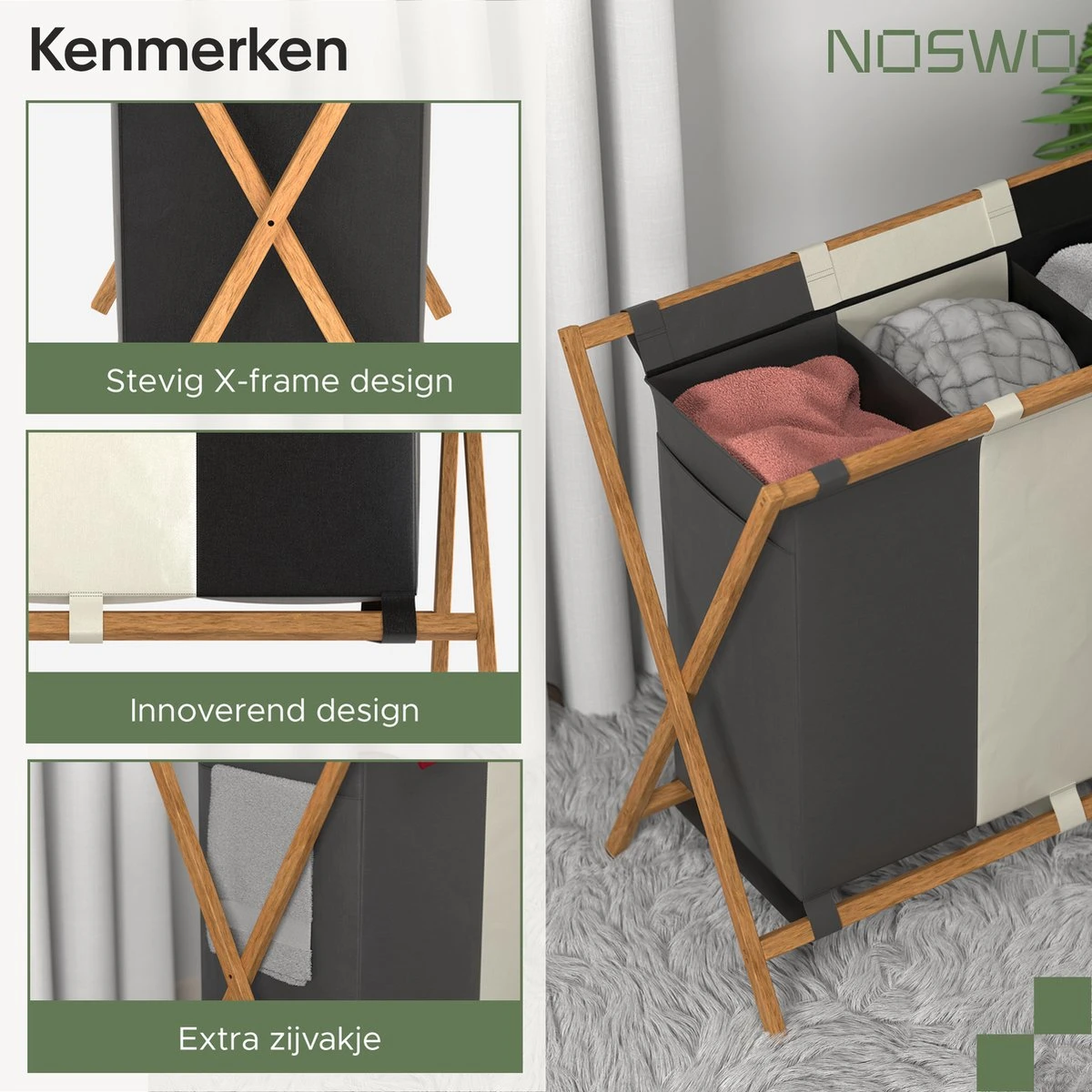 Noswo Wasmand Met 3 Vakken - Wassorteerder - Opvouwbaar - Wasbox - 143L - Bamboe 2 Noswo Wasmand Met 3 Vakken - Wassorteerder - Opvouwbaar - Wasbox - 143L - Bamboe - Afbeelding 2