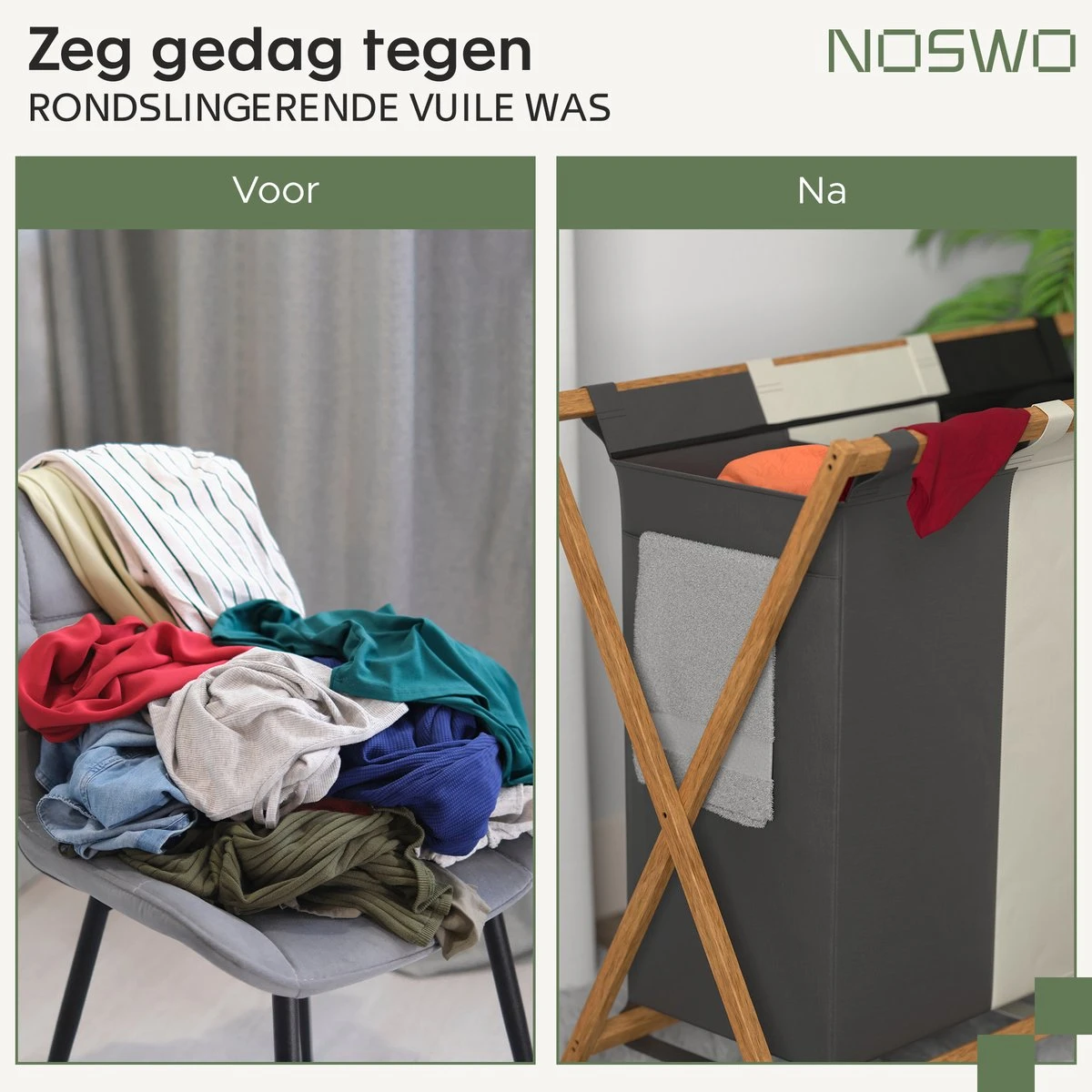 Noswo Wasmand Met 3 Vakken - Wassorteerder - Opvouwbaar - Wasbox - 143L - Bamboe 5 Noswo Wasmand Met 3 Vakken - Wassorteerder - Opvouwbaar - Wasbox - 143L - Bamboe - Afbeelding 5