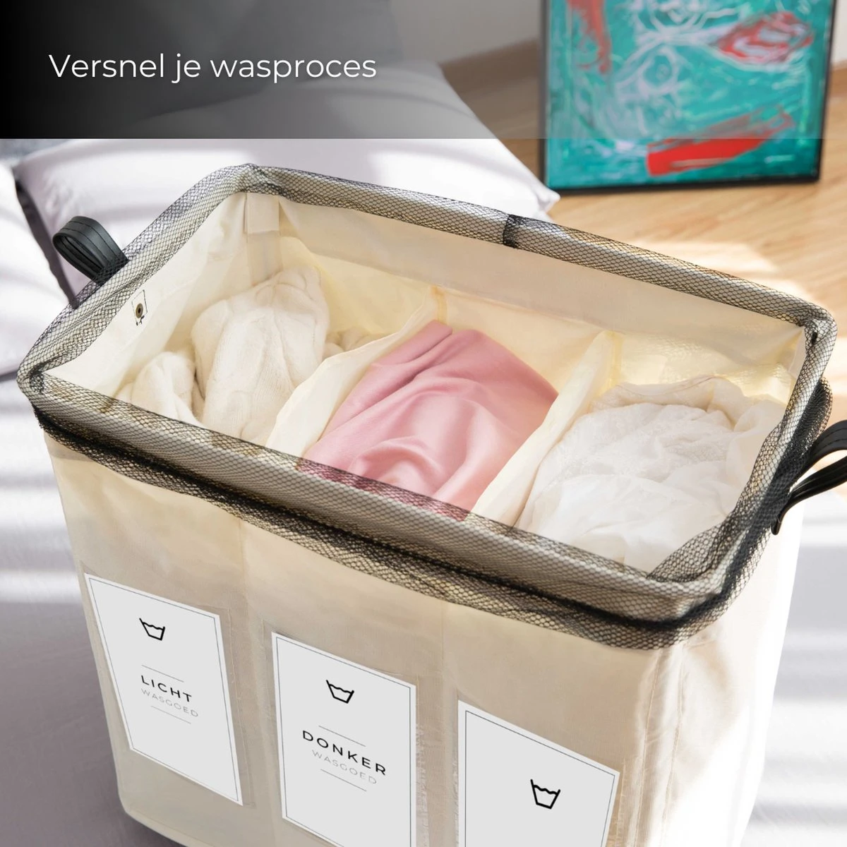 Wasmand 3 Vakken - Hotel Wassorteerder - NL Opdruk & Wielen - Opvouwbaar - Hotel - 100 Liter 3 Wasmand 3 Vakken - Hotel Wassorteerder - NL Opdruk & Wielen - Opvouwbaar - Hotel - 100 Liter - Afbeelding 3