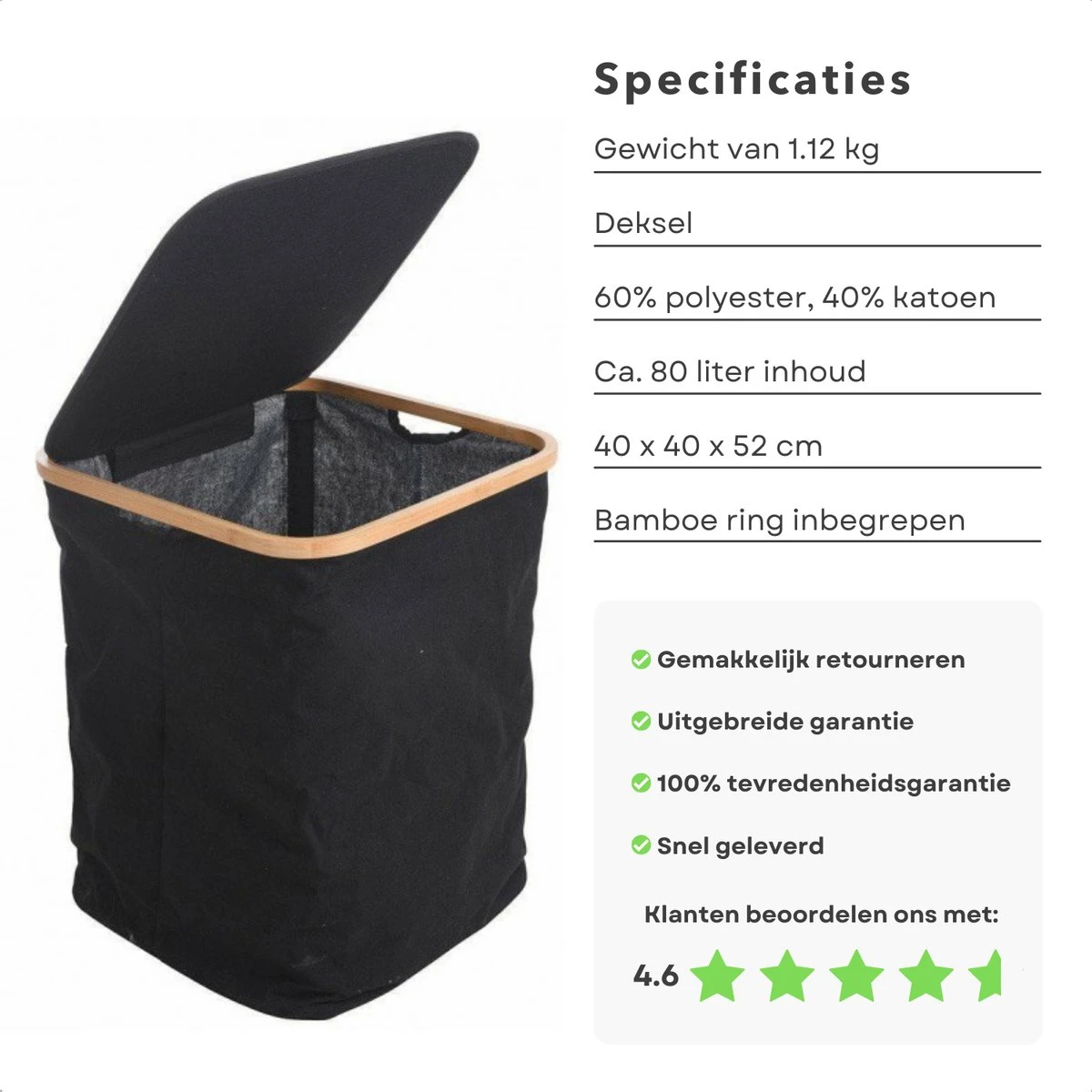 Cheqo® Luxe Wasmand Met Deksel - Opbergmand - Linnenmand - Wasbox - Wassorteerder - Laundry Basket - Zwart - Polyester En Katoen - 40x40x52cm 2 Cheqo® Luxe Wasmand Met Deksel - Opbergmand - Linnenmand - Wasbox - Wassorteerder - Laundry Basket - Zwart - Polyester En Katoen - 40x40x52cm - Afbeelding 2