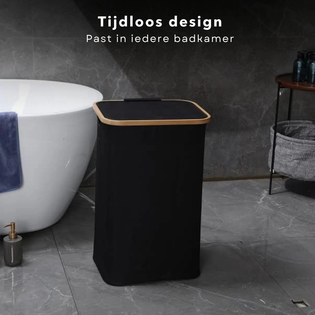 Cheqo® Luxe Wasmand Met Deksel - Opbergmand - Linnenmand - Wasbox - Wassorteerder - Laundry Basket - Zwart - Polyester En Katoen - 40x40x52cm 3 Cheqo® Luxe Wasmand Met Deksel - Opbergmand - Linnenmand - Wasbox - Wassorteerder - Laundry Basket - Zwart - Polyester En Katoen - 40x40x52cm - Afbeelding 3