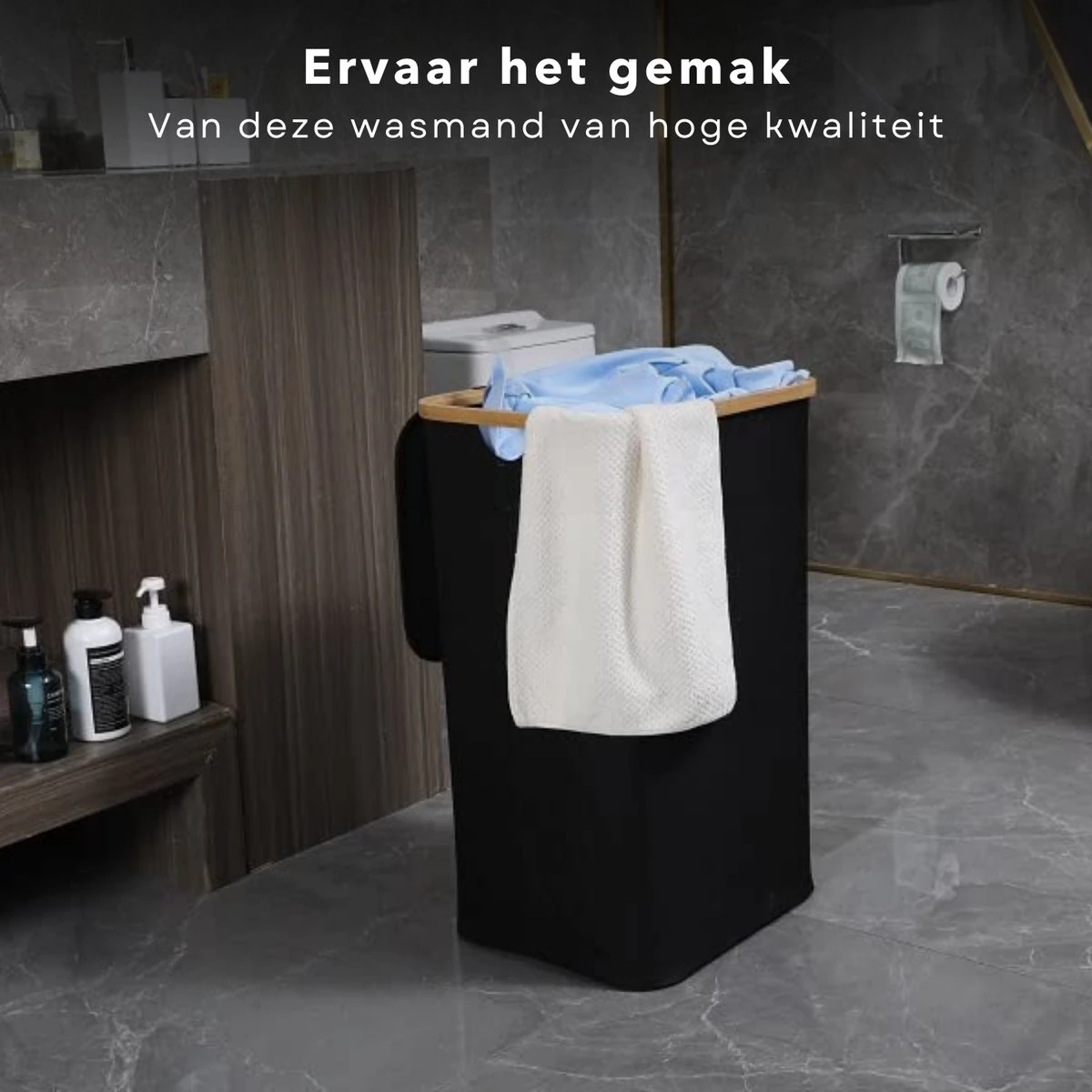 Cheqo® Luxe Wasmand Met Deksel - Opbergmand - Linnenmand - Wasbox - Wassorteerder - Laundry Basket - Zwart - Polyester En Katoen - 40x40x52cm 5 Cheqo® Luxe Wasmand Met Deksel - Opbergmand - Linnenmand - Wasbox - Wassorteerder - Laundry Basket - Zwart - Polyester En Katoen - 40x40x52cm - Afbeelding 5