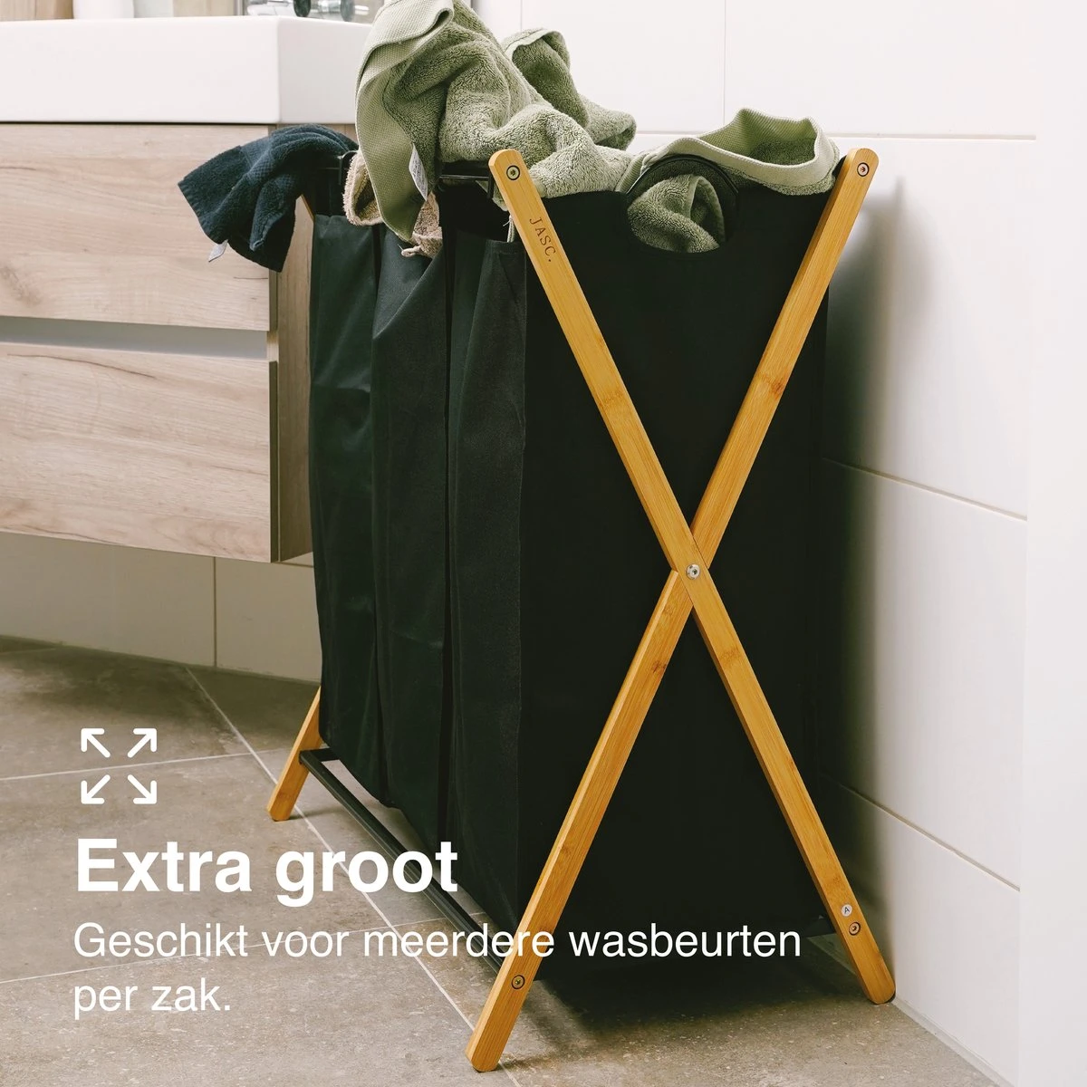 JASC Wasmand 3 Vakken - Wassorteerder - Wasmanden - Zwart - Bamboe - 128 Liter 4 JASC Wasmand 3 Vakken - Wassorteerder - Wasmanden - Zwart - Bamboe - 128 Liter - Afbeelding 4