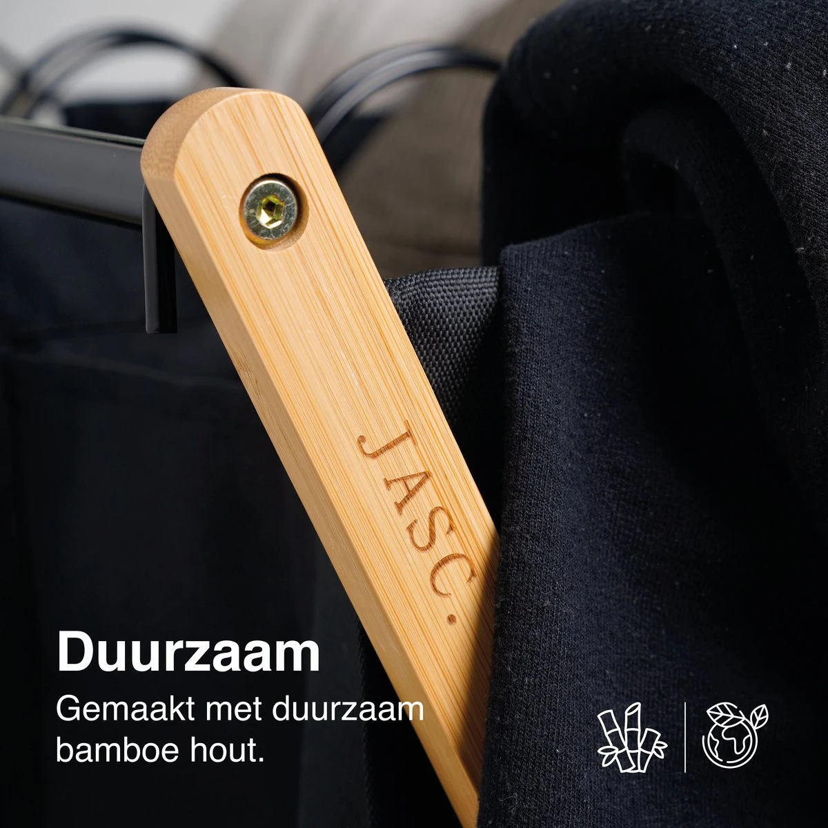 JASC Wasmand 3 Vakken - Wassorteerder - Wasmanden - Zwart - Bamboe - 128 Liter 5 JASC Wasmand 3 Vakken - Wassorteerder - Wasmanden - Zwart - Bamboe - 128 Liter - Afbeelding 5