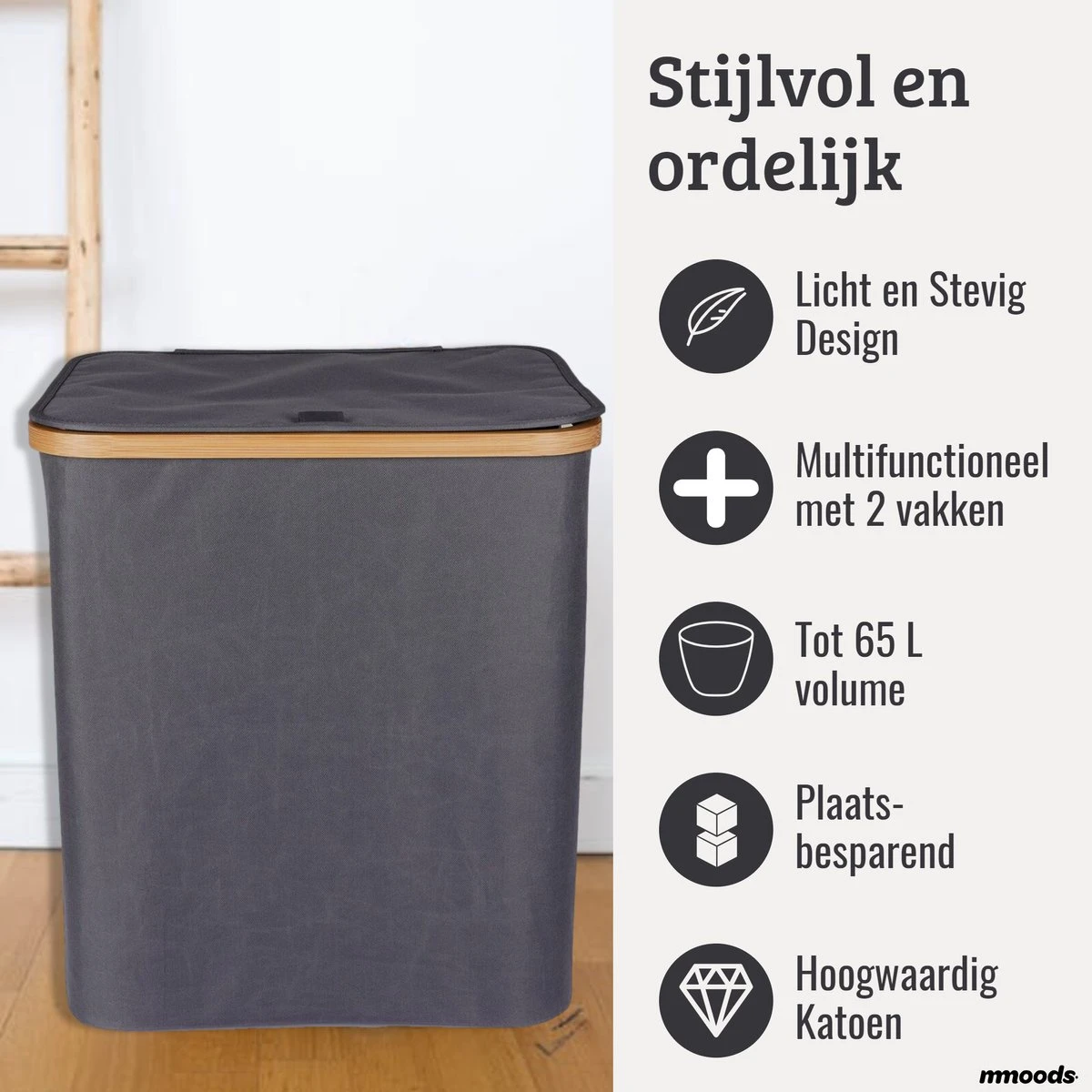 Mmoods Wasmand Katoen 2 Vakken 65 Liter - Wassorteerder Met Deksel Bamboe - Wasbox Badkamer Met Handvaten Grijs 2 Mmoods Wasmand Katoen 2 Vakken 65 Liter - Wassorteerder Met Deksel Bamboe - Wasbox Badkamer Met Handvaten Grijs - Afbeelding 2