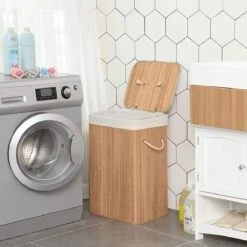 Merkloos Bamboe Wasmand Met Deksel, Katoenen Zak En Handvaten - 72L - Natuurlijk Bruin -Leifheit Store 1200x1200 771
