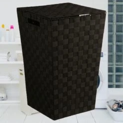 Merkloos Decopatent® Wasmanden Met Deksel - 60 Liter - Geweven Wasmand - Wasbox Met Optil Deksel - Polypropyleen - Afm 33x33x53 Cm - Zwart -Leifheit Store 1200x1200 781
