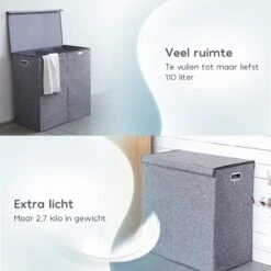 Zonovi Wasmand – 3 Vakken Met Deksel – Opvouwbaar – Wassorteerder – Dubbele Wasmand – Laundry Basket – Wasbox – Organizer Kleding - Stof – Grijs – 110 Liter -Leifheit Store 1200x1200 789