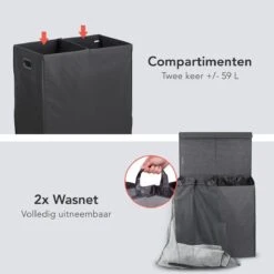 LifeGoods Dubbele Wasmand - 120L - Deksel En Handvaten - 2 Vakken - Grijs -Leifheit Store 1200x1200 821