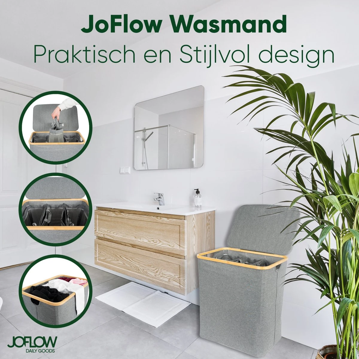 JoFlow® Wasmand Met Wassorteerder En Deksel | Wasbox Met 3 Vakken | Bamboe | 120L 2 JoFlow® Wasmand Met Wassorteerder En Deksel | Wasbox Met 3 Vakken | Bamboe | 120L - Afbeelding 2
