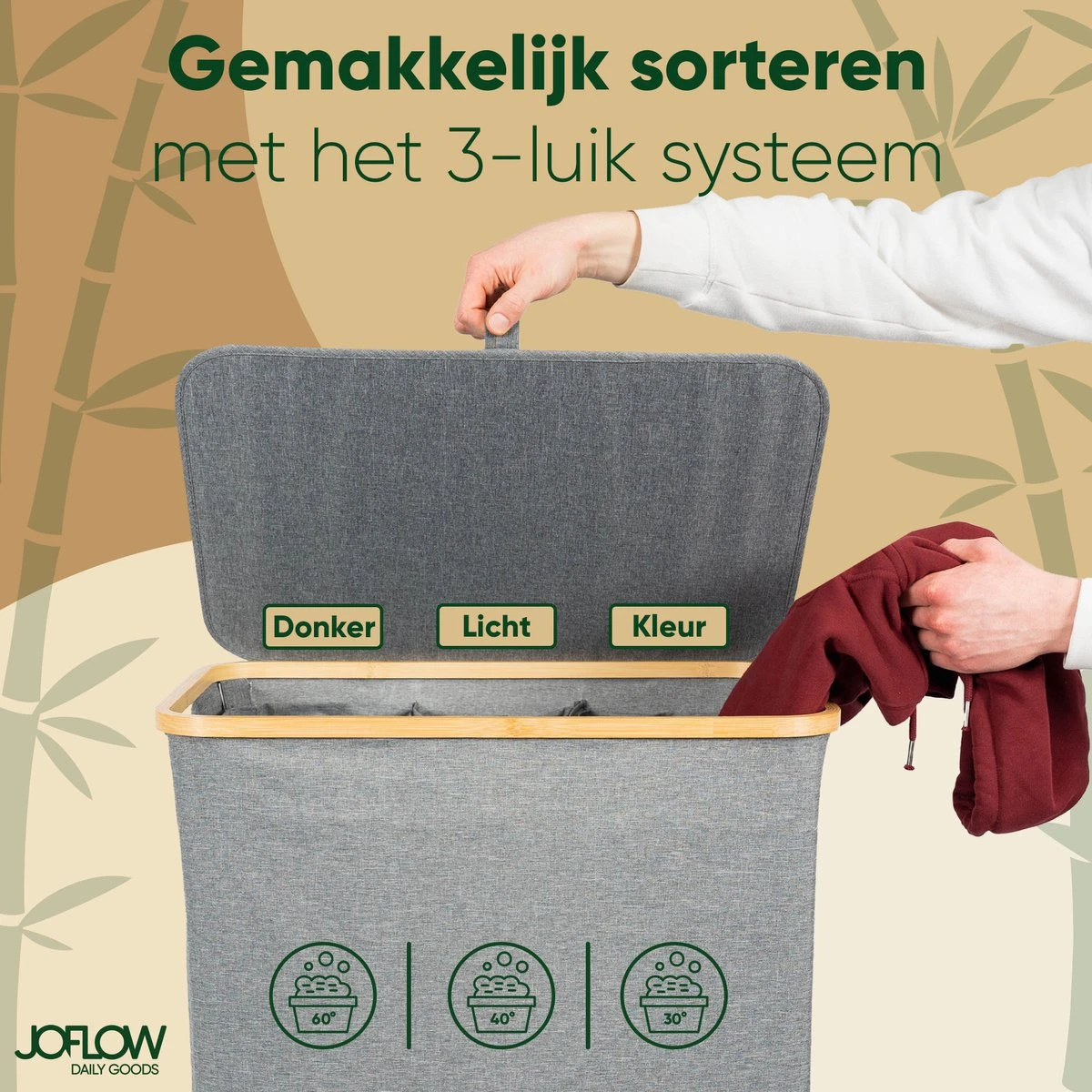 JoFlow® Wasmand Met Wassorteerder En Deksel | Wasbox Met 3 Vakken | Bamboe | 120L 3 JoFlow® Wasmand Met Wassorteerder En Deksel | Wasbox Met 3 Vakken | Bamboe | 120L - Afbeelding 3