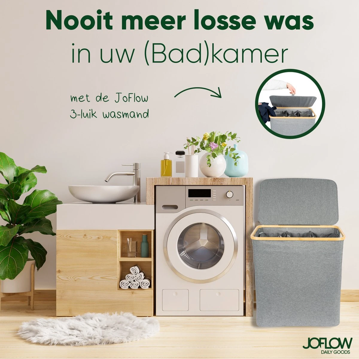 JoFlow® Wasmand Met Wassorteerder En Deksel | Wasbox Met 3 Vakken | Bamboe | 120L 5 JoFlow® Wasmand Met Wassorteerder En Deksel | Wasbox Met 3 Vakken | Bamboe | 120L - Afbeelding 5