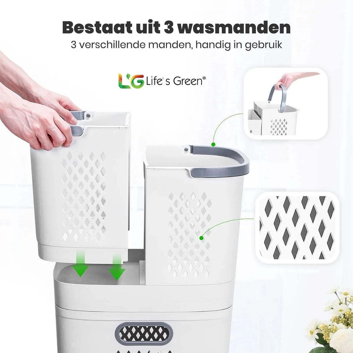Life’s Green® - Wasmand - Wassorteerder - Wasmand 3 Vakken - Wit 2 Life’s Green® - Wasmand - Wassorteerder - Wasmand 3 Vakken - Wit - Afbeelding 2