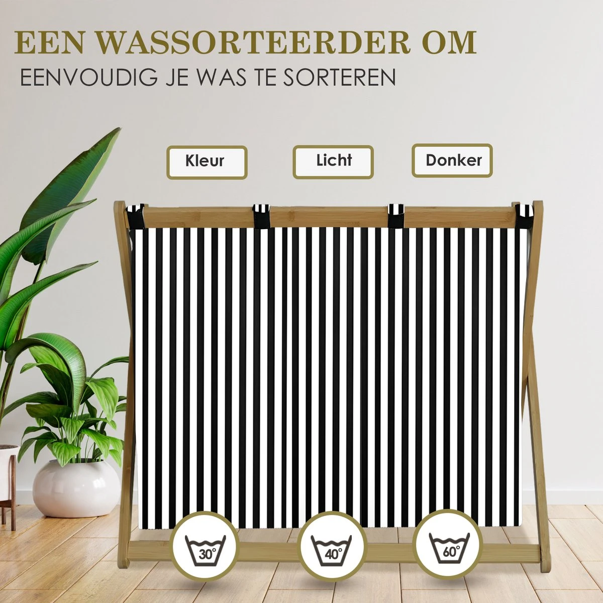 MIRI Wasmand – Wassorteerder – Gestreept – Wasmanden – Wasmand 3 Vakken – Opvouwbaar – Wasbox – Bamboe – 105L – Incl. Schroevendraaier – Laundry Basket – LIMITED EDITION 2 MIRI Wasmand – Wassorteerder – Gestreept – Wasmanden – Wasmand 3 Vakken – Opvouwbaar – Wasbox – Bamboe – 105L – Incl. Schroevendraaier – Laundry Basket – LIMITED EDITION - Afbeelding 2