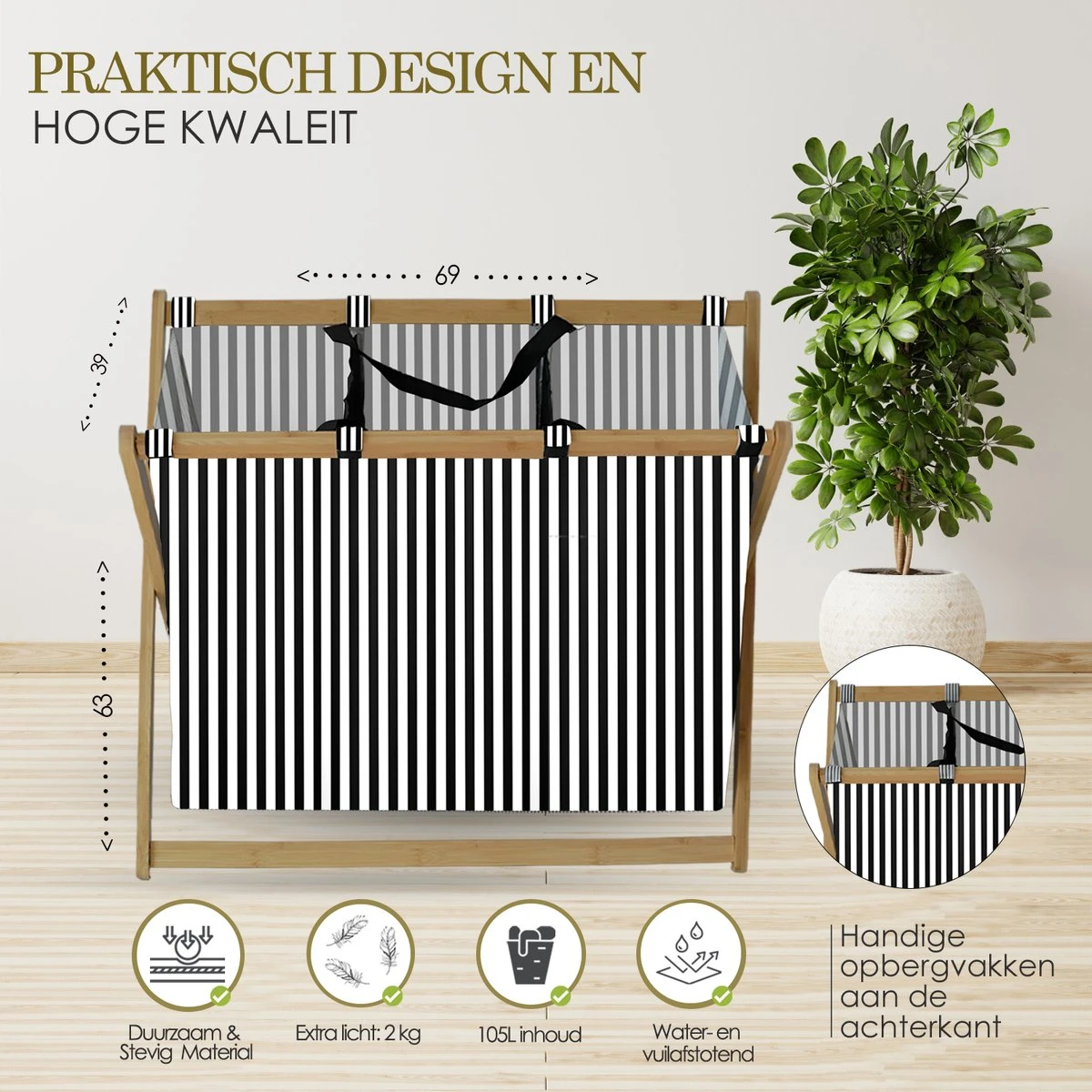 MIRI Wasmand – Wassorteerder – Gestreept – Wasmanden – Wasmand 3 Vakken – Opvouwbaar – Wasbox – Bamboe – 105L – Incl. Schroevendraaier – Laundry Basket – LIMITED EDITION 5 MIRI Wasmand – Wassorteerder – Gestreept – Wasmanden – Wasmand 3 Vakken – Opvouwbaar – Wasbox – Bamboe – 105L – Incl. Schroevendraaier – Laundry Basket – LIMITED EDITION - Afbeelding 5