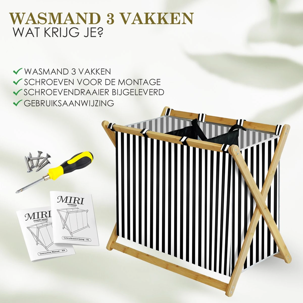 MIRI Wasmand – Wassorteerder – Gestreept – Wasmanden – Wasmand 3 Vakken – Opvouwbaar – Wasbox – Bamboe – 105L – Incl. Schroevendraaier – Laundry Basket – LIMITED EDITION 7 MIRI Wasmand – Wassorteerder – Gestreept – Wasmanden – Wasmand 3 Vakken – Opvouwbaar – Wasbox – Bamboe – 105L – Incl. Schroevendraaier – Laundry Basket – LIMITED EDITION - Afbeelding 7