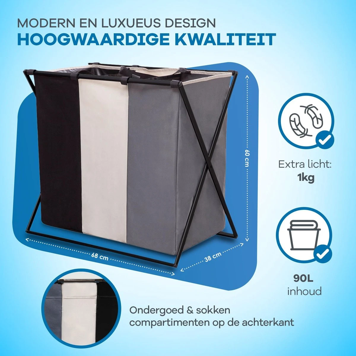 WITTS Wasmand Met 3 Vakken - Wassorteerder - Opvouwbaar - 90 L – Aluminium - Mat Zwart 2 WITTS Wasmand Met 3 Vakken - Wassorteerder - Opvouwbaar - 90 L – Aluminium - Mat Zwart - Afbeelding 2