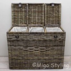Migo Styling - Wasmand - 3 Vakken - Met Deksel - 85x40xH65 - Riet - Rotan - Trio