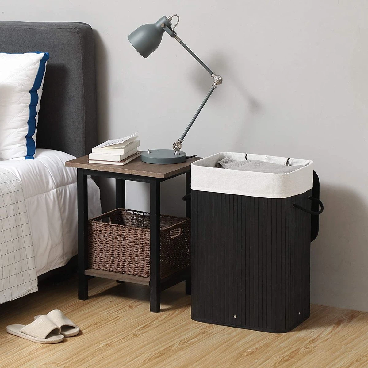 Merkloos Bamboe Wasmand Met Deksel, Katoenen Zak En Handvaten - 72L - Zwart 4 Merkloos Bamboe Wasmand Met Deksel, Katoenen Zak En Handvaten - 72L - Zwart - Afbeelding 4