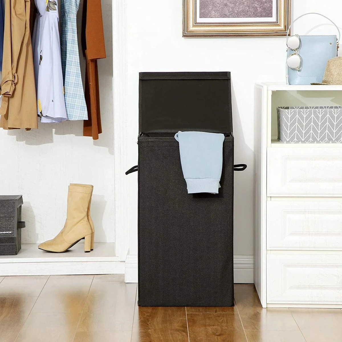 Opvouwbare Wasmand Met Deksel En Handvaten, 85L - Zwart 5 Opvouwbare Wasmand Met Deksel En Handvaten, 85L - Zwart - Afbeelding 5