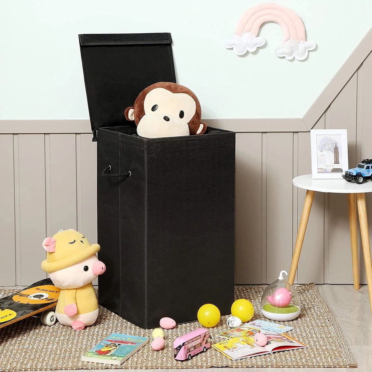 Opvouwbare Wasmand Met Deksel En Handvaten, 85L - Zwart 8 Opvouwbare Wasmand Met Deksel En Handvaten, 85L - Zwart - Afbeelding 8