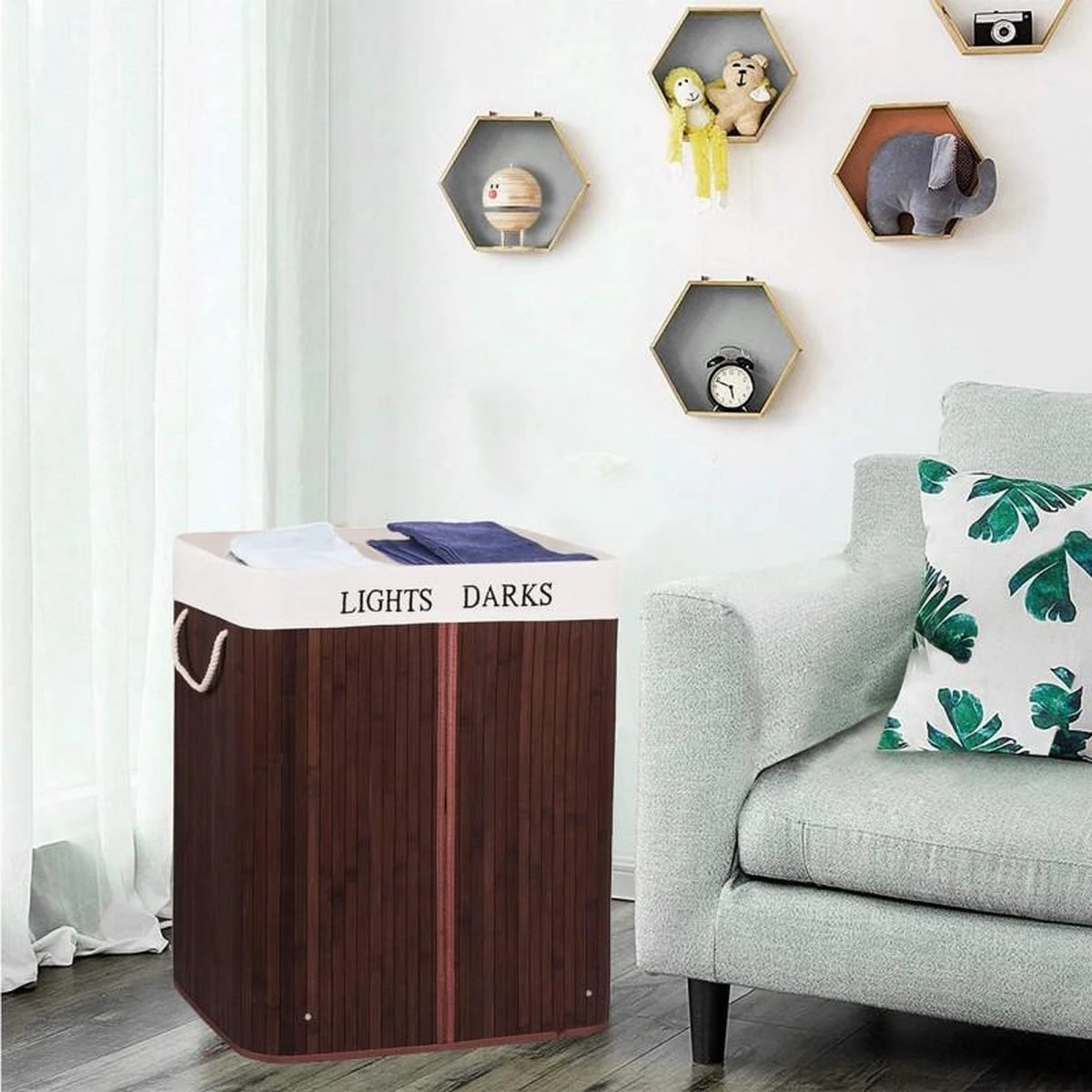 Springos Dubbele Wasmand | 2 Vakken Met Deksel | Opvouwbaar | 100 Liter | Met Uitneembare Waszak | Wasmand | Bruin 4 Springos Dubbele Wasmand | 2 Vakken Met Deksel | Opvouwbaar | 100 Liter | Met Uitneembare Waszak | Wasmand | Bruin - Afbeelding 4