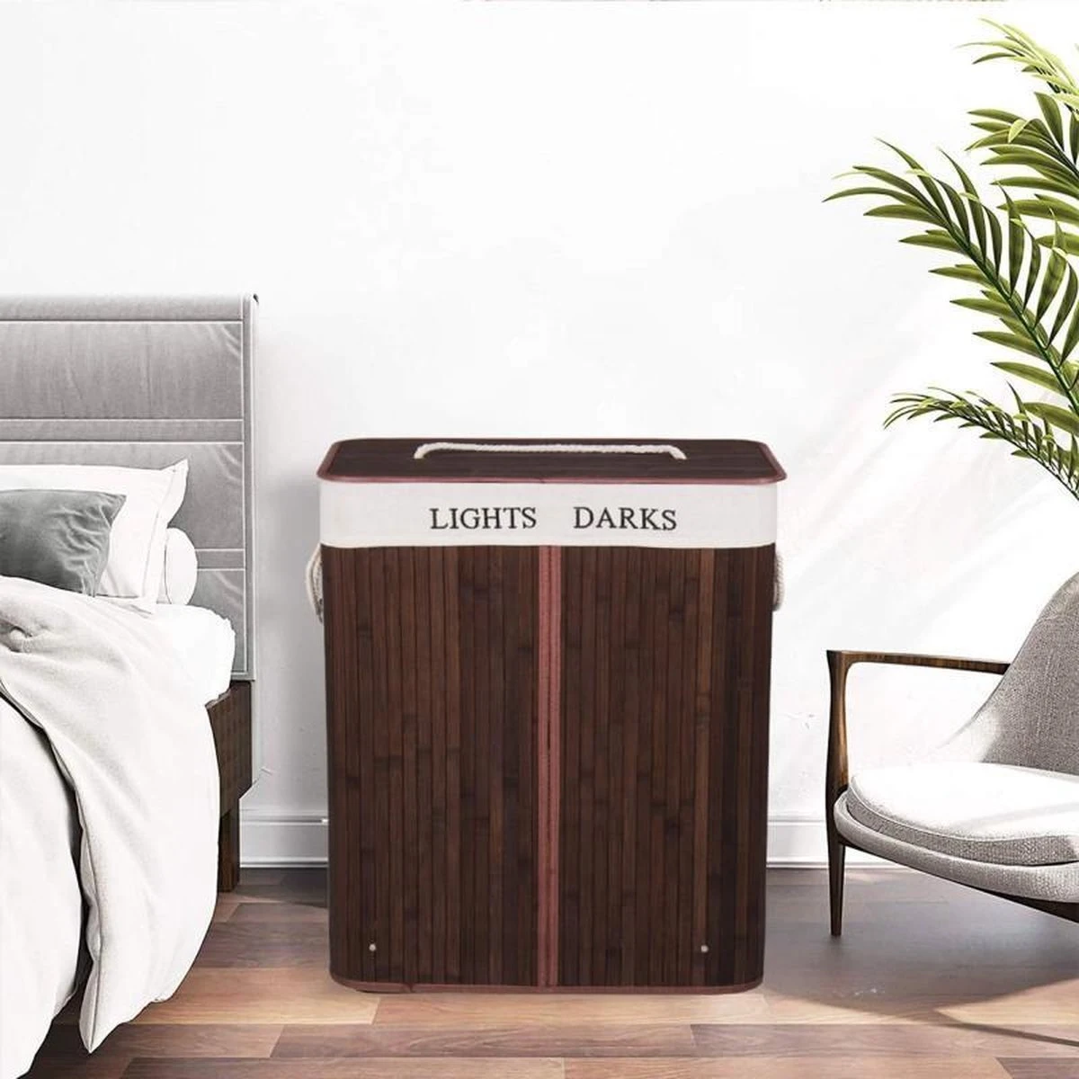 Springos Dubbele Wasmand | 2 Vakken Met Deksel | Opvouwbaar | 100 Liter | Met Uitneembare Waszak | Wasmand | Bruin 5 Springos Dubbele Wasmand | 2 Vakken Met Deksel | Opvouwbaar | 100 Liter | Met Uitneembare Waszak | Wasmand | Bruin - Afbeelding 5