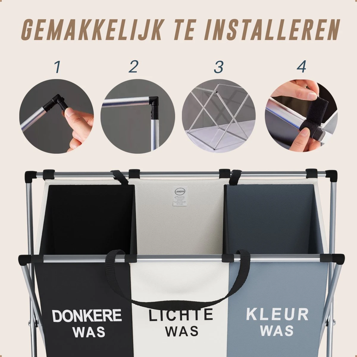 Landys Wasmand 3 Vakken - Opvouwbare Wassorteerder Met NL Opdruk - Aluminium Frame - 90L 7 Landys Wasmand 3 Vakken - Opvouwbare Wassorteerder Met NL Opdruk - Aluminium Frame - 90L - Afbeelding 7