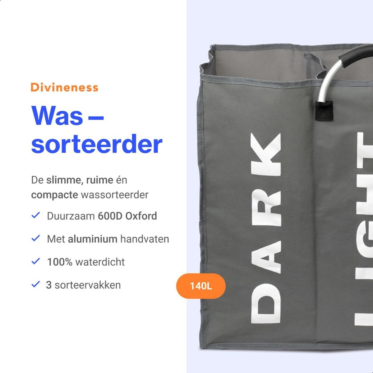 Divineness - Wasmand 3 Vakken - 140 Liter - Wassorteerder - Waszak - Opvouwbaar En Waterdicht - Grijs 10 Divineness - Wasmand 3 Vakken - 140 Liter - Wassorteerder - Waszak - Opvouwbaar En Waterdicht - Grijs - Afbeelding 10