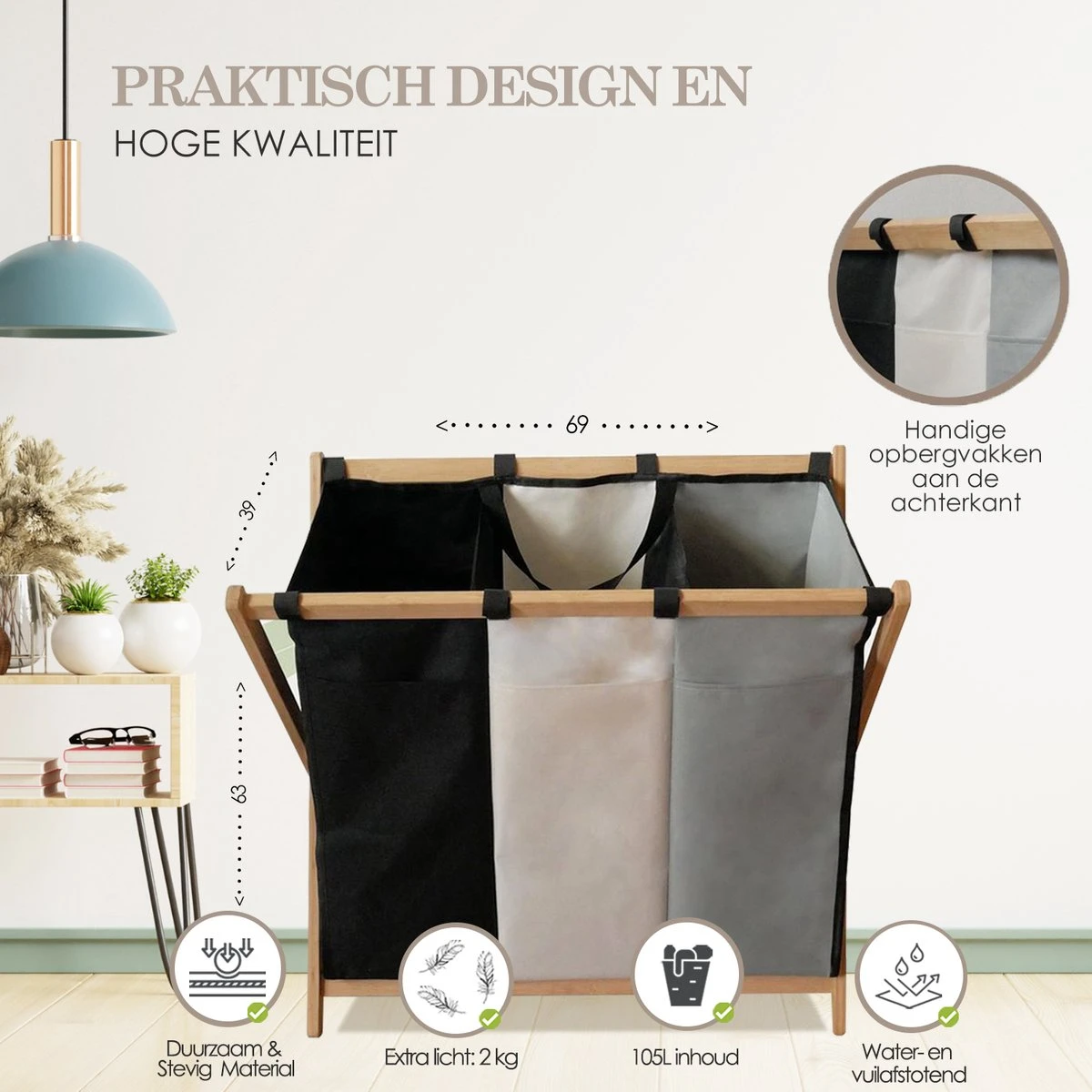 MIRI Wasmand 3 Vakken BAMBOE – Wassorteerder – Hout – Opvouwbaar – Wasbox – 105L – Gratis Schroevendraaier – Wasmanden – Laundry Basket 5 MIRI Wasmand 3 Vakken BAMBOE – Wassorteerder – Hout – Opvouwbaar – Wasbox – 105L – Gratis Schroevendraaier – Wasmanden – Laundry Basket - Afbeelding 5