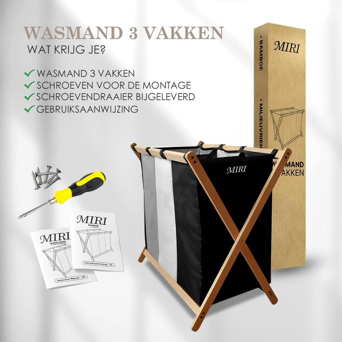 MIRI Wasmand 3 Vakken BAMBOE – Wassorteerder – Hout – Opvouwbaar – Wasbox – 105L – Gratis Schroevendraaier – Wasmanden – Laundry Basket 8 MIRI Wasmand 3 Vakken BAMBOE – Wassorteerder – Hout – Opvouwbaar – Wasbox – 105L – Gratis Schroevendraaier – Wasmanden – Laundry Basket - Afbeelding 8