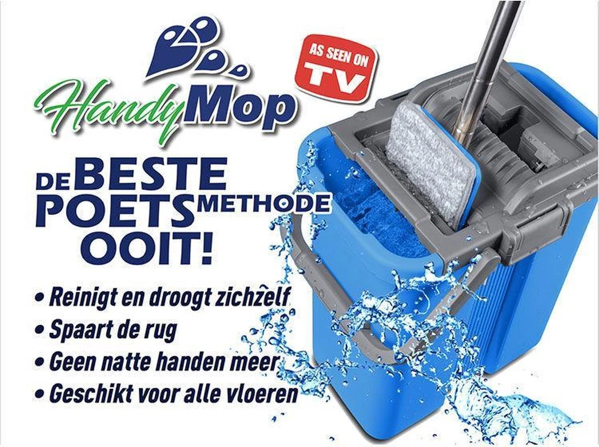Handy Mop - Dweilsysteem - Vloerwisser - Emmer Met Wringer - Blauw 4 Handy Mop - Dweilsysteem - Vloerwisser - Emmer Met Wringer - Blauw - Afbeelding 4