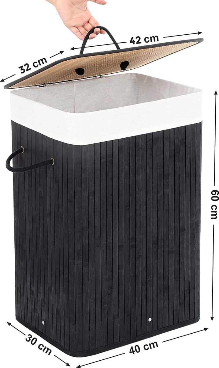 Merkloos Bamboe Wasmand Met Deksel, Katoenen Zak En Handvaten - 72L - Zwart 2 Merkloos Bamboe Wasmand Met Deksel, Katoenen Zak En Handvaten - 72L - Zwart - Afbeelding 2