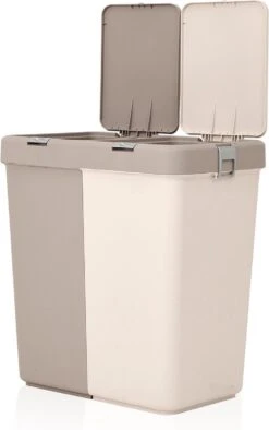Motek® - Wasmand - 2 Vakken Met Deksel - Met Touch Deksel - Gemaakt Van 100% Gerecycled Kunststof - 80 L - Wasmand Met Deksel - Wassorteerder - Beige -Leifheit Store 753x1200 1