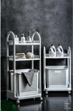 Wasmand Op Wielen - Badkamer Organizer - 3 Lagen - Afneembare Wasmand - Wit -Leifheit Store 790x1200