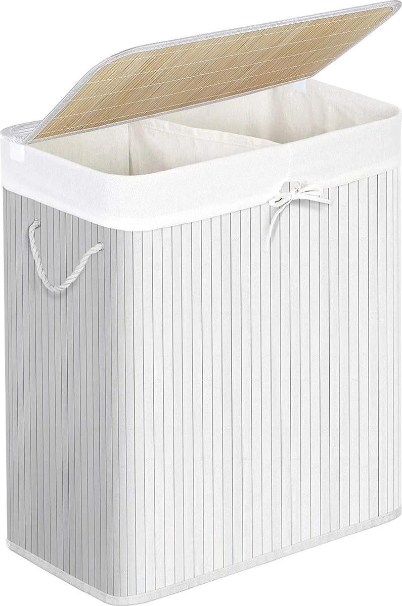 IBella Living - Wasmand Met 2 Vakken - Bamboe Wassorteerder - 100 Liter Wit 1 IBella Living - Wasmand Met 2 Vakken - Bamboe Wassorteerder - 100 Liter Wit