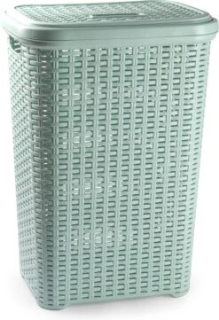 Grote Rotan Wasmand/opbergmand Met Deksel 60 Liter In Kleur Lichtgroen - Kunststof - L35 X B43 X H62 Cm - Wasmanden