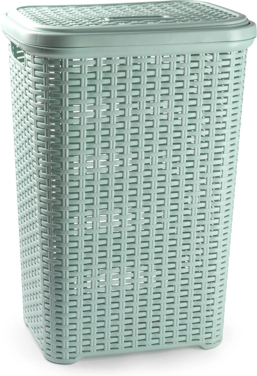 Grote Rotan Wasmand/opbergmand Met Deksel 60 Liter In Kleur Lichtgroen - Kunststof - L35 X B43 X H62 Cm - Wasmanden 1 Grote Rotan Wasmand/opbergmand Met Deksel 60 Liter In Kleur Lichtgroen - Kunststof - L35 X B43 X H62 Cm - Wasmanden