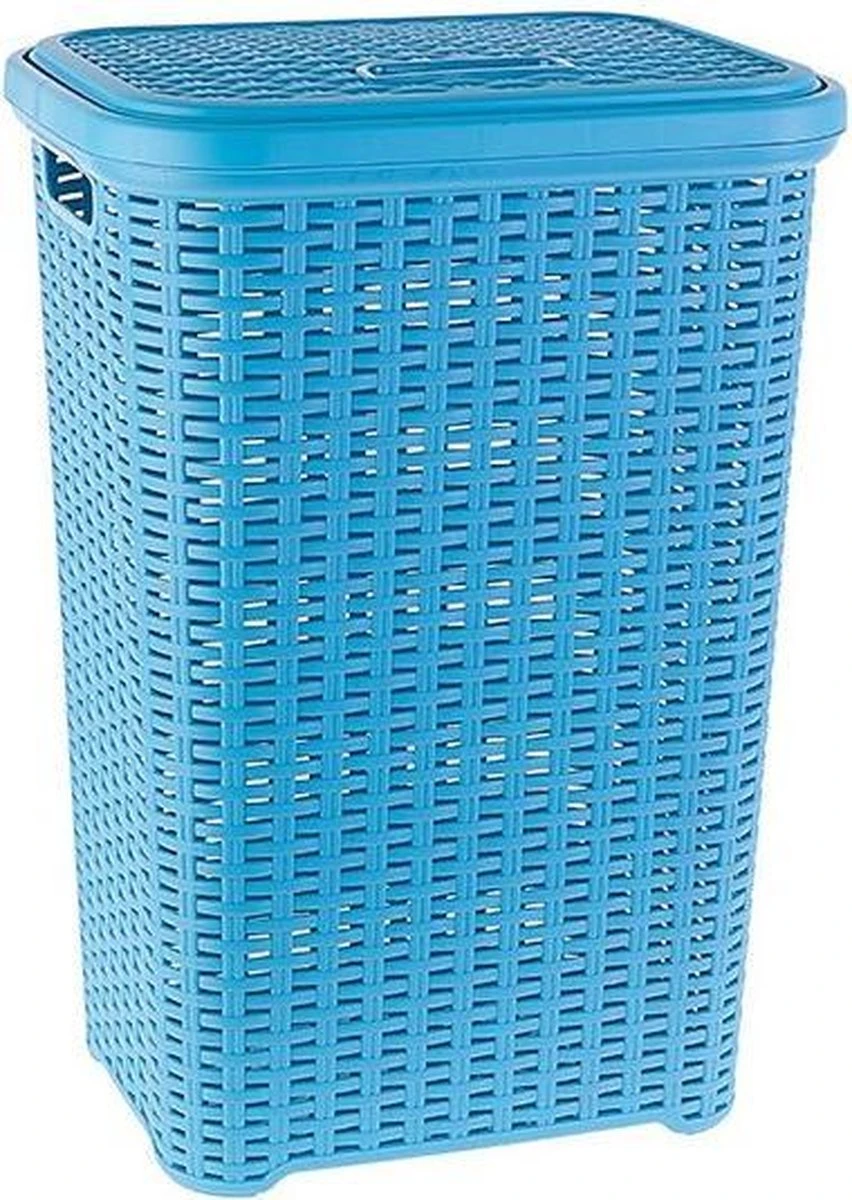 Grote Rotan Wasmand/opbergmand Met Deksel 60 Liter In Kleur Lichtblauw - Kunststof - L35 X B43 X H62 Cm - Wasmanden 1 Grote Rotan Wasmand/opbergmand Met Deksel 60 Liter In Kleur Lichtblauw - Kunststof - L35 X B43 X H62 Cm - Wasmanden