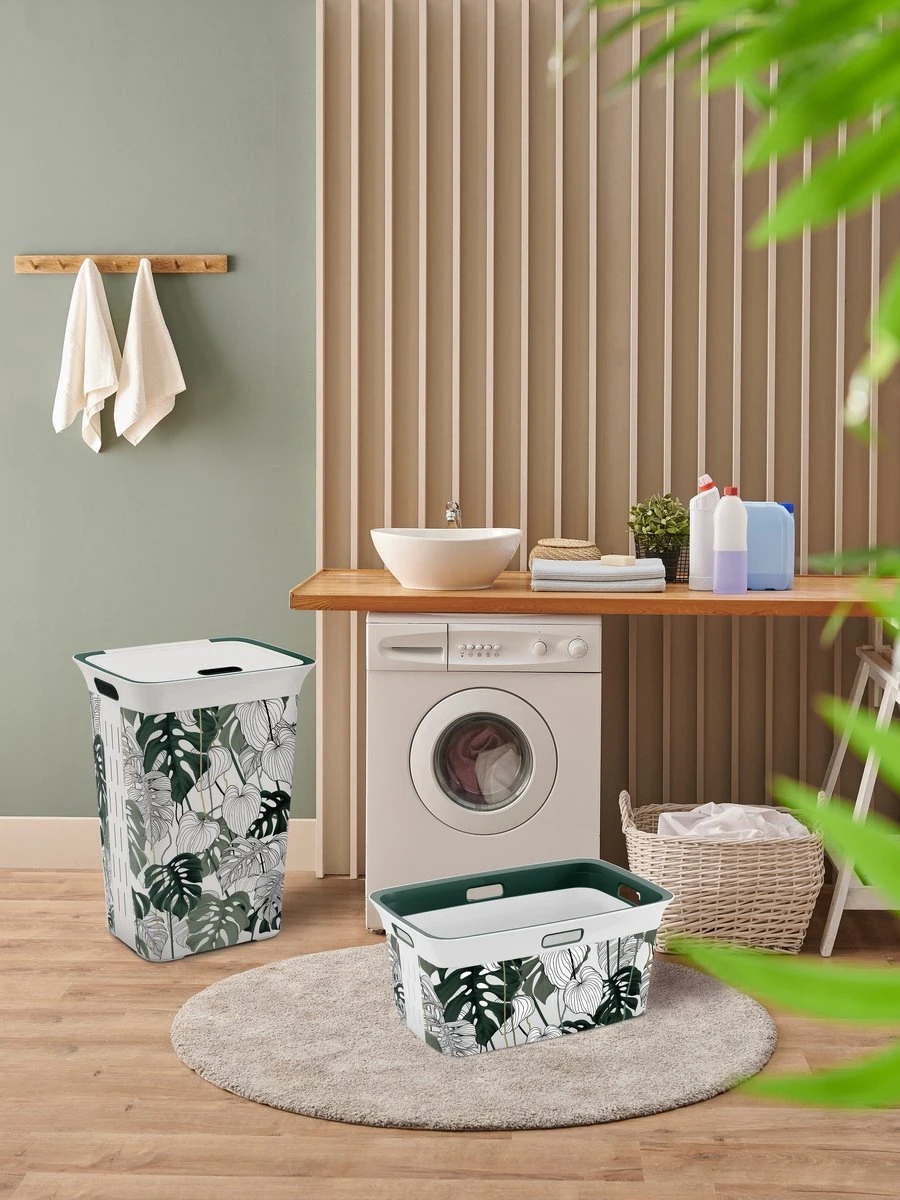 KIS Chic Wasbox Met Deksel - 60L - 44x35x61cm - Wit/Groen 2 KIS Chic Wasbox Met Deksel - 60L - 44x35x61cm - Wit/Groen - Afbeelding 2