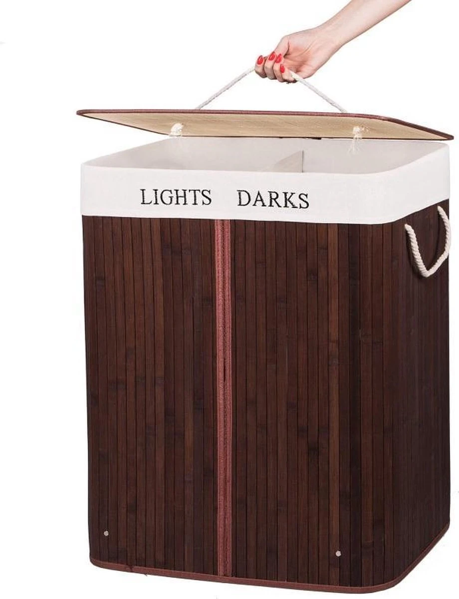 Springos Dubbele Wasmand | 2 Vakken Met Deksel | Opvouwbaar | 100 Liter | Met Uitneembare Waszak | Wasmand | Bruin 7 Springos Dubbele Wasmand | 2 Vakken Met Deksel | Opvouwbaar | 100 Liter | Met Uitneembare Waszak | Wasmand | Bruin - Afbeelding 7