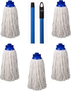 Merkloos Navulling Vloermop Mop Met Steel Blauw - 5 Dweilen Met 1 Dweilstok