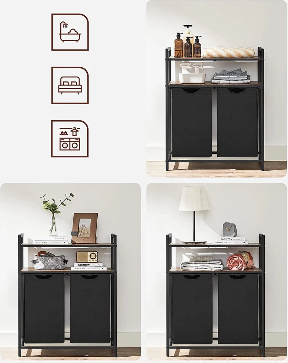 Songmics Wasmand, Wasverzamelaar, 2 Vakken, 2 Planken, Metalen Frame, 2 X 46 Liter, 73 X 33 X 91 Cm, Vintabruin-zwart BLH211B01 9 Songmics Wasmand, Wasverzamelaar, 2 Vakken, 2 Planken, Metalen Frame, 2 X 46 Liter, 73 X 33 X 91 Cm, Vintabruin-zwart BLH211B01 - Afbeelding 9