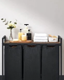 Wasmand, Wasverzamelaar, 3 Vakken, Met Legbord, Wassorteerbak, Waszak Uitschuifbaar En Uitneembaar, Per Waszak 38 Liter, Voor Badkamer, Wasruimte, Vintage Bruin-zwart BLH301B01 -Leifheit Store 960x1200 17