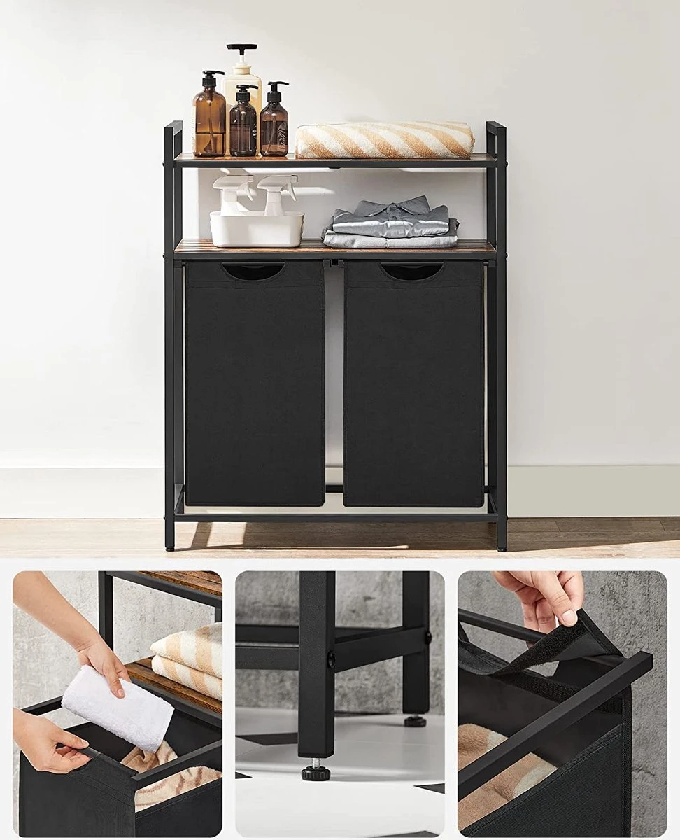 Songmics Wasmand, Wasverzamelaar, 2 Vakken, 2 Planken, Metalen Frame, 2 X 46 Liter, 73 X 33 X 91 Cm, Vintabruin-zwart BLH211B01 2 Songmics Wasmand, Wasverzamelaar, 2 Vakken, 2 Planken, Metalen Frame, 2 X 46 Liter, 73 X 33 X 91 Cm, Vintabruin-zwart BLH211B01 - Afbeelding 2