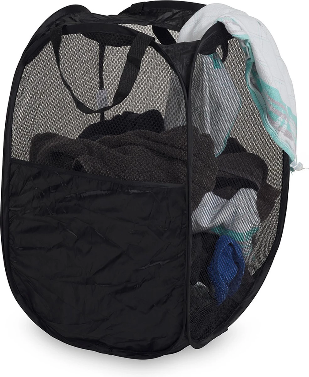 Wonair - Opvouwbare Wasmand - Wassorteerder - Extra Opbergvak – Met Hengsel - 70L - Zwart 1 Wonair - Opvouwbare Wasmand - Wassorteerder - Extra Opbergvak – Met Hengsel - 70L - Zwart