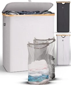 HENNEZ Wasmand 2 Vakken Met Deksel - Van 140L Opvouwbaar Met Scheiding En Een Bamboe Frame - Wassorteerder Inclusief Waszak - Laundry Basket - Wasmanden - Wasbox Beige